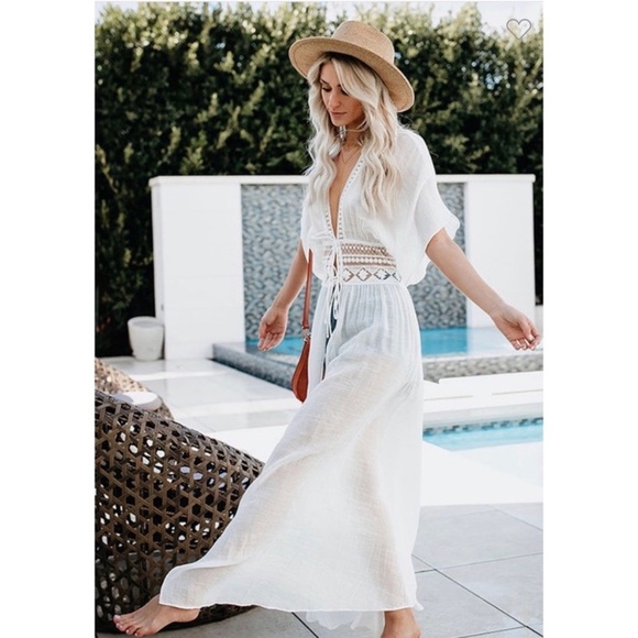 LAST 1️⃣🌻New Beautiful White Bohemian Tie Front Open Style Kimono,Lace - Picture 5 of 10